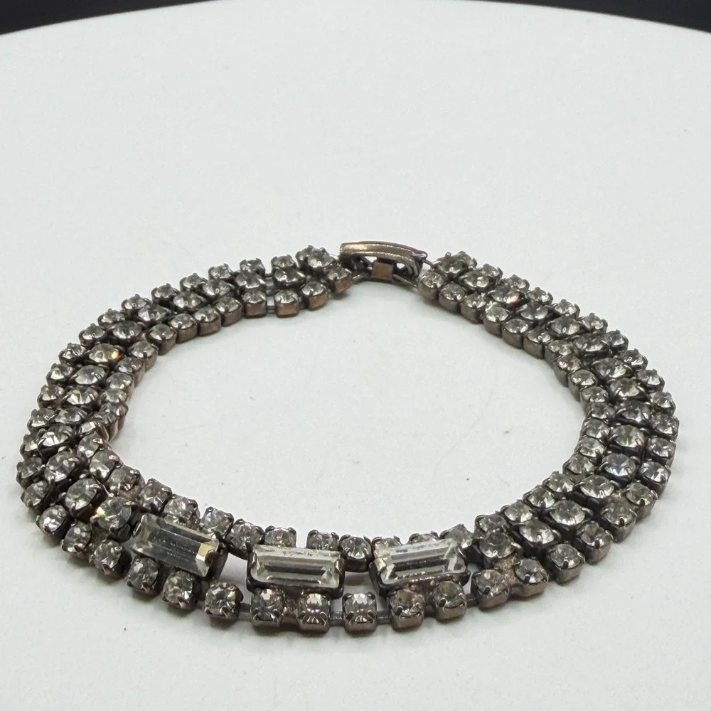 Clear Rhinestone Silver Tone Multi Row Bracelet Baguette Statement Bridal Gift